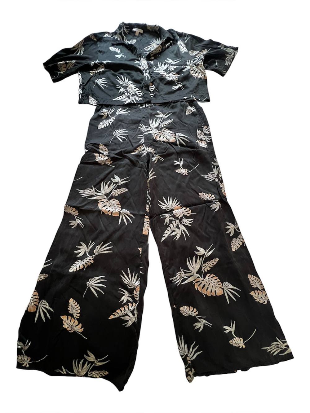 Lunya High Waist Washable Silk Pajamas In Immersed Black Palm Tropical Print XL - Picture 2 of 16